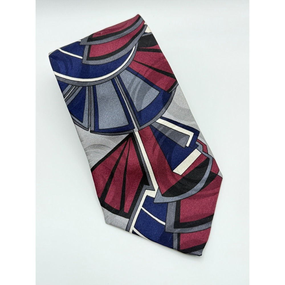 Urban Canvas Silk Tie 4" Geometric Abstract Art Deco Retro 90s Burgundy Navy
